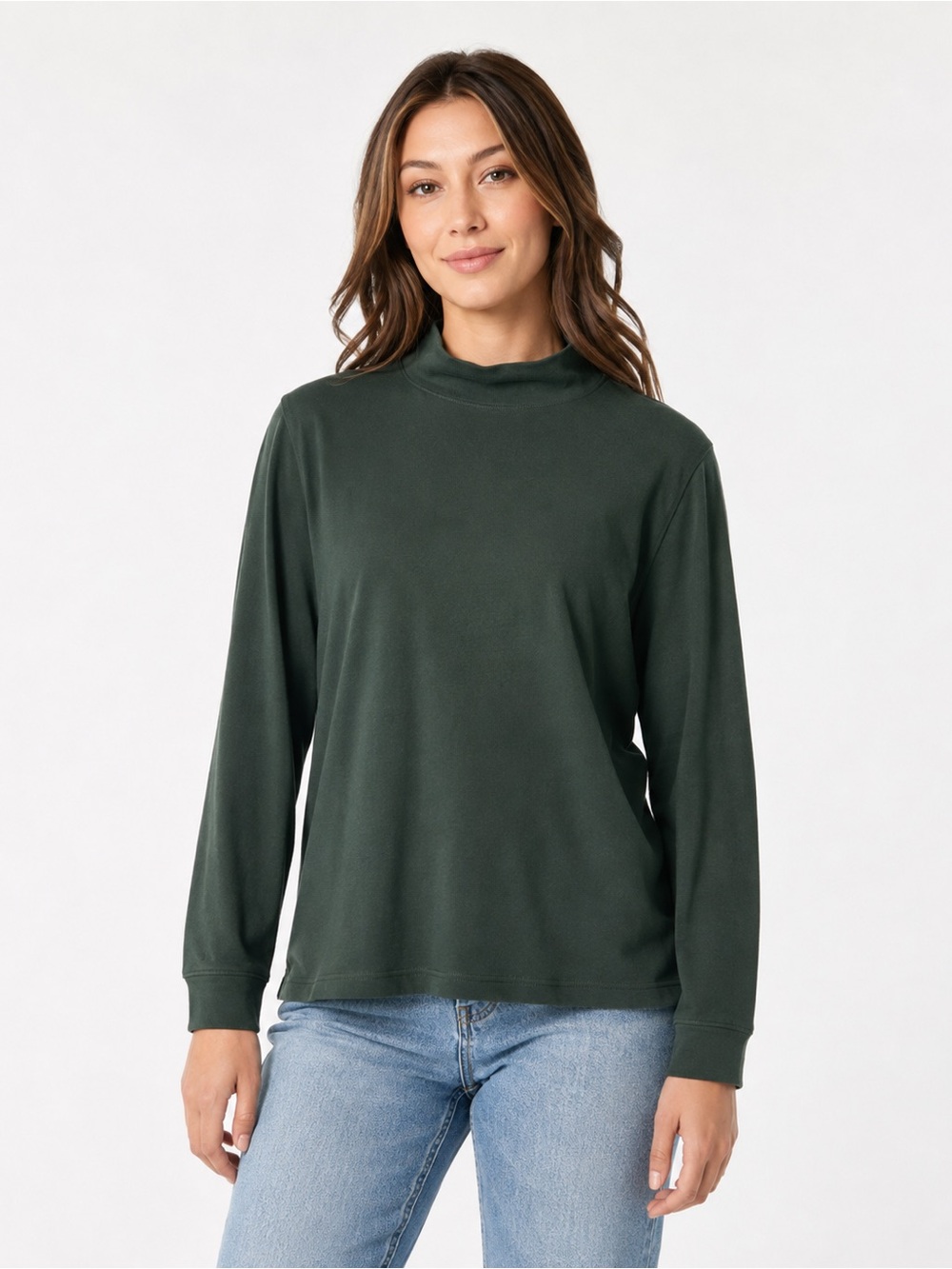 L.L.Bean Forest Green 100% Cotton Mock Neck Long Sleeve Top